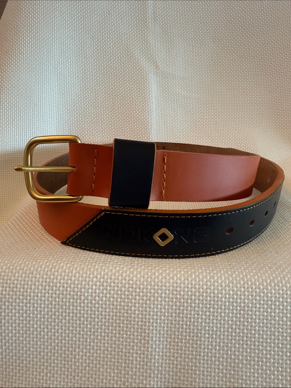 Nokona Patent ShowBelt Premium Orange Black Leather Men’s Belt Gold Buckle NWOT